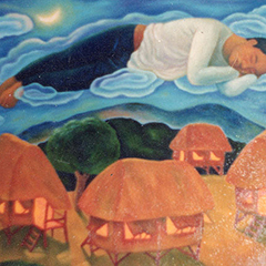 Sleeping man floating above a row of traditional Philippine houses, with mountain in background.