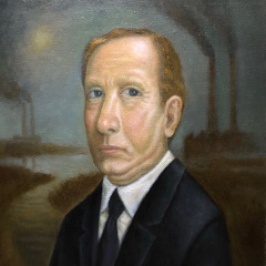 Portrait of politician/businessman with factory in background.