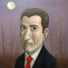 Portrait of pale politician in suit with moon and dead trees in background.