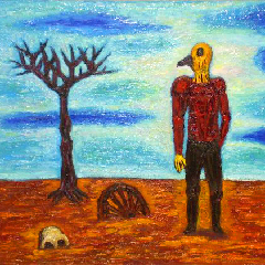 Birdman in desolate landscape.