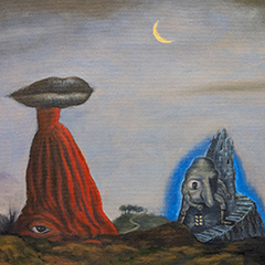 Nightscape with three figures, one in red dress a gnome, and a woman carrying a child, under the moon.